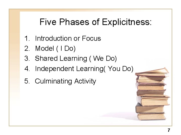 Five Phases of Explicitness: 1. 2. 3. 4. Introduction or Focus Model ( I