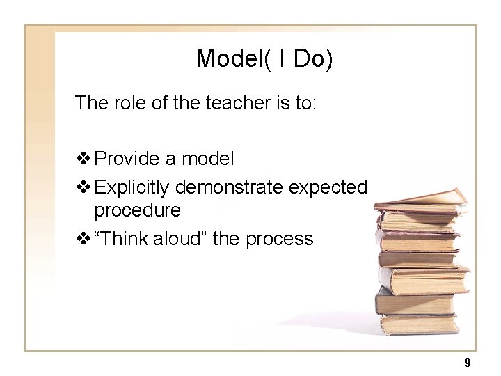 Model( I Do) The role of the teacher is to: v Provide a model