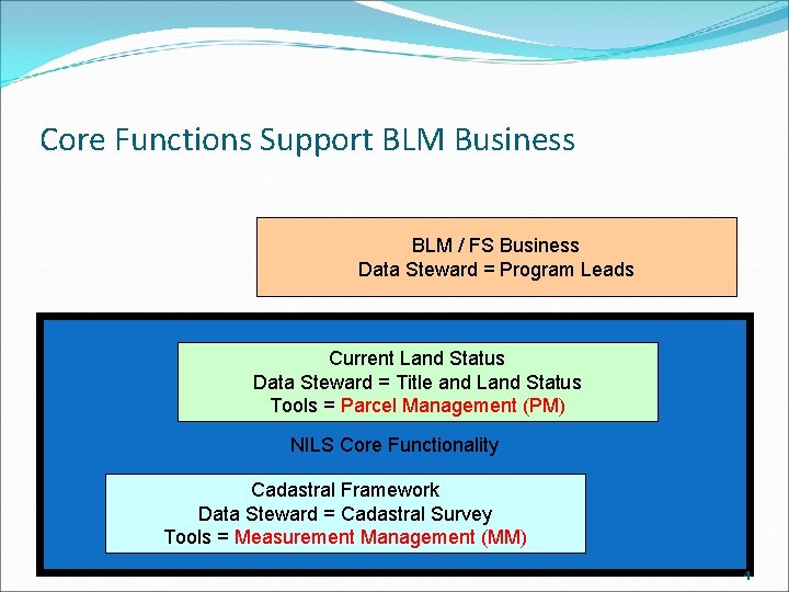 Core Functions Support BLM Business BLM / FS Business Data Steward = Program Leads Core Functions Support BLM Business BLM / FS Business Data Steward = Program Leads