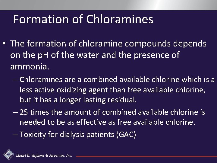 Formation of Chloramines • The formation of chloramine compounds depends on the p. H