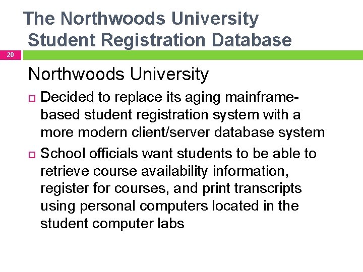 The Northwoods University Student Registration Database 20 Northwoods University Decided to replace its aging