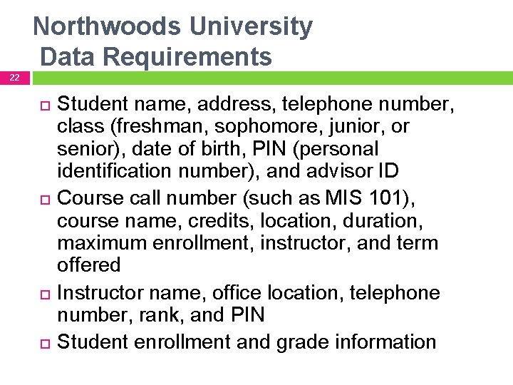 Northwoods University Data Requirements 22 Student name, address, telephone number, class (freshman, sophomore, junior,