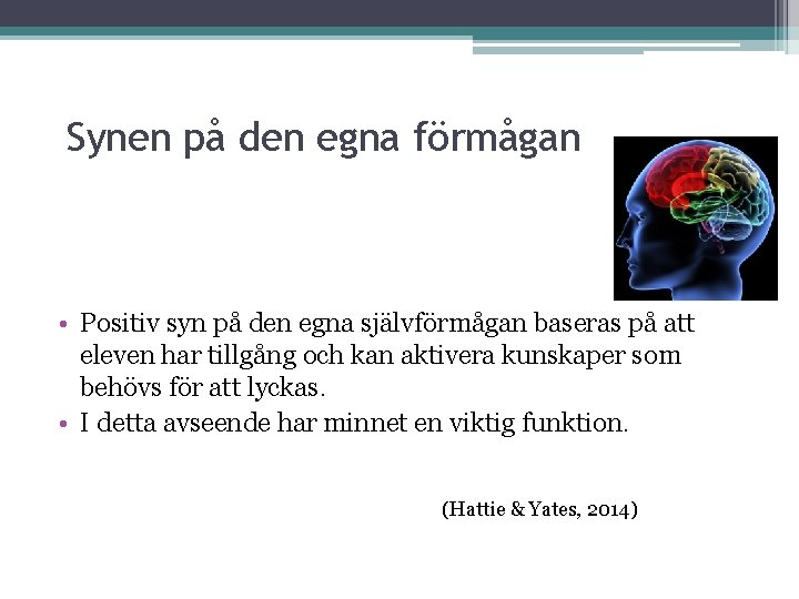 Synen på den egna förmågan • Positiv syn på den egna självförmågan baseras på