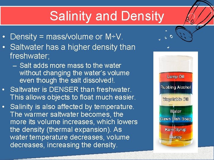 Salinity and Density • Density = mass/volume or M÷V. • Saltwater has a higher