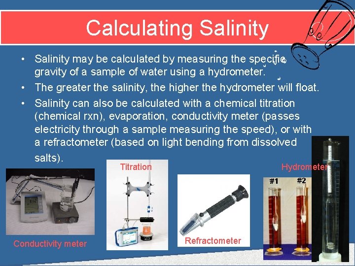 Calculating Salinity • Salinity may be calculated by measuring the specific gravity of a