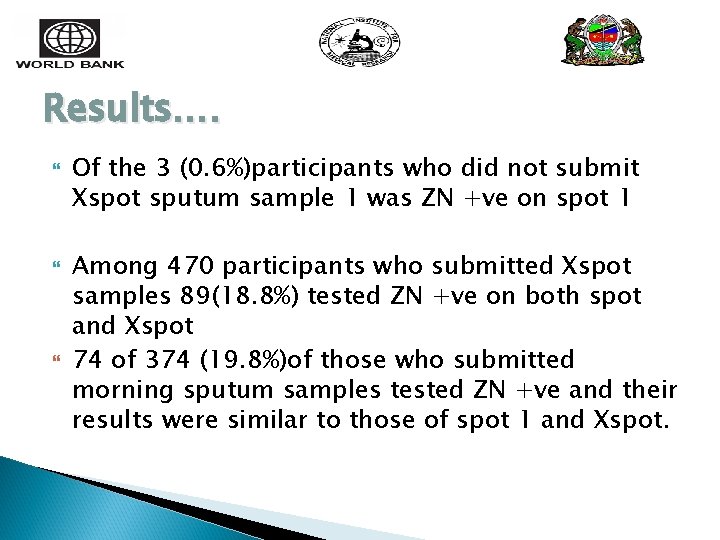 Results…. Of the 3 (0. 6%)participants who did not submit Xspot sputum sample 1