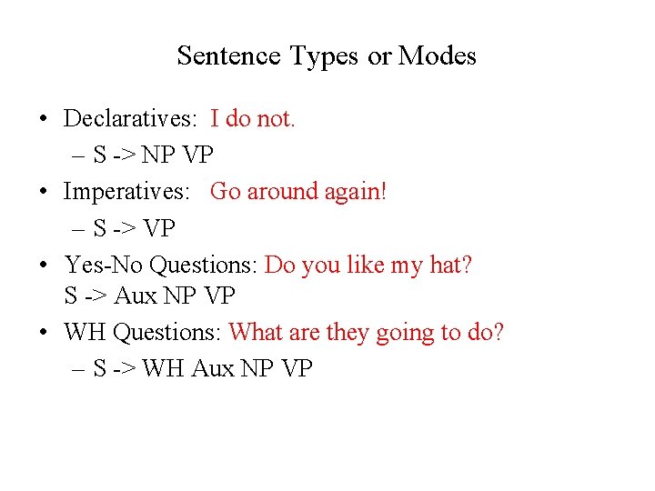 Sentence Types or Modes • Declaratives: I do not. – S -> NP VP