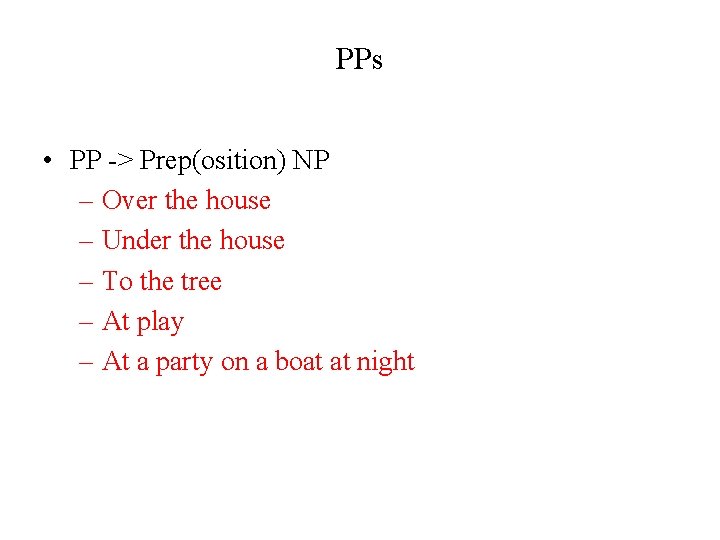 PPs • PP -> Prep(osition) NP – Over the house – Under the house