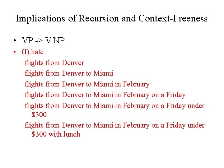 Implications of Recursion and Context-Freeness • VP -> V NP • (I) hate flights