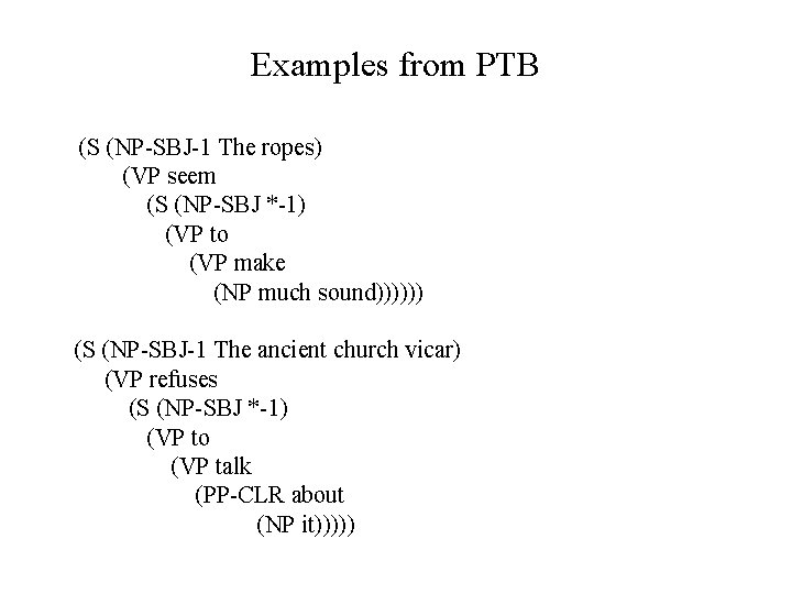 Examples from PTB (S (NP-SBJ-1 The ropes) (VP seem (S (NP-SBJ *-1) (VP to