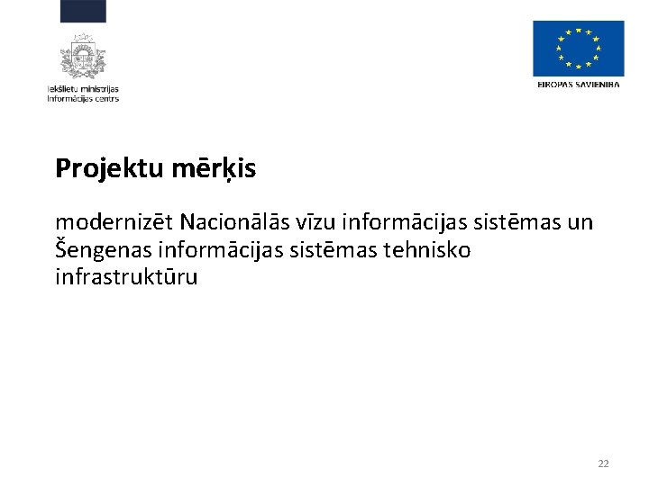 Projektu mērķis modernizēt Nacionālās vīzu informācijas sistēmas un Šengenas informācijas sistēmas tehnisko infrastruktūru 22