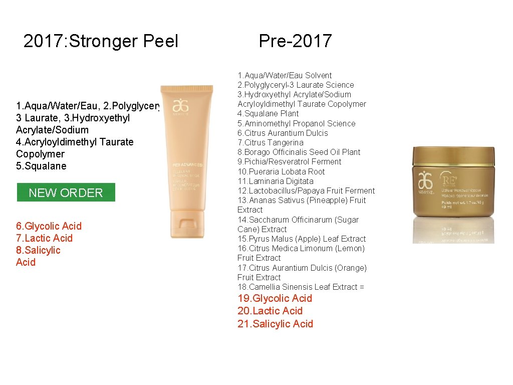 2017: Stronger Peel 1. Aqua/Water/Eau, 2. Polyglyceryl 3 Laurate, 3. Hydroxyethyl Acrylate/Sodium 4. Acryloyldimethyl