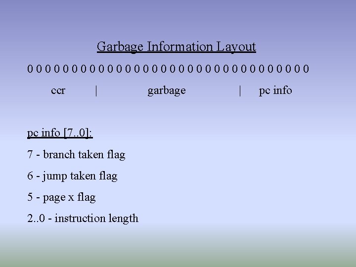 Garbage Information Layout 0000000000000000 ccr | pc info [7. . 0]: 7 - branch
