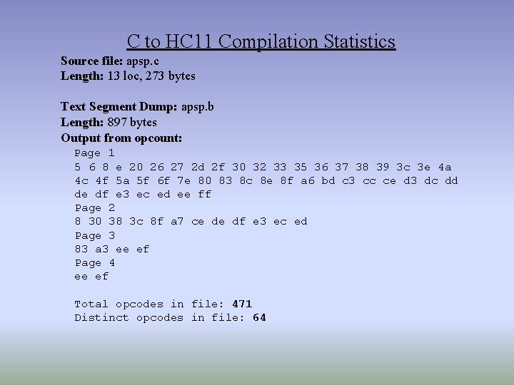 C to HC 11 Compilation Statistics Source file: apsp. c Length: 13 loc, 273 C to HC 11 Compilation Statistics Source file: apsp. c Length: 13 loc, 273