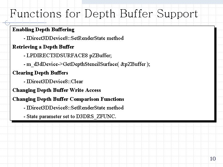 Functions for Depth Buffer Support Enabling Depth Buffering - IDirect 3 DDevice 8: :