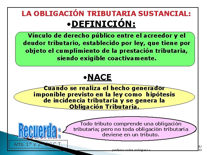 LA OBLIGACIÓN TRIBUTARIA SUSTANCIAL: • DEFINICIÓN: Vínculo de derecho público entre el acreedor y