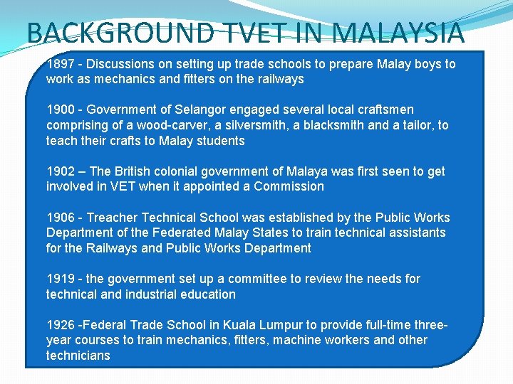 BACKGROUND TVET IN MALAYSIA 1897 - Discussions on setting up trade schools to prepare