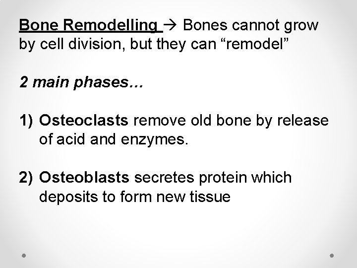 Bone Remodelling Bones cannot grow by cell division, but they can “remodel” 2 main