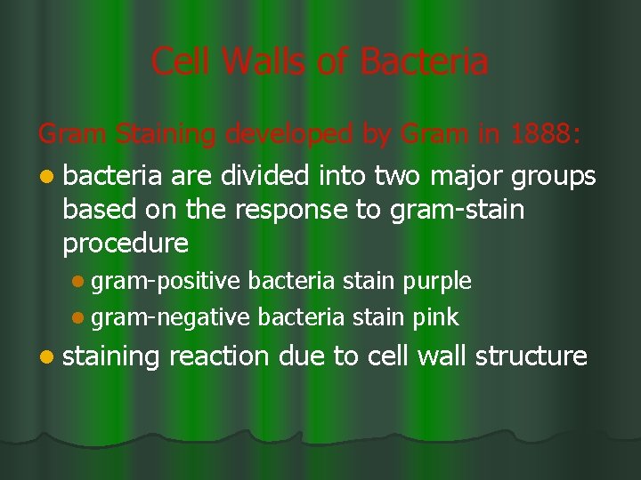 Cell Walls of Bacteria Gram Staining developed by Gram in 1888: l bacteria are