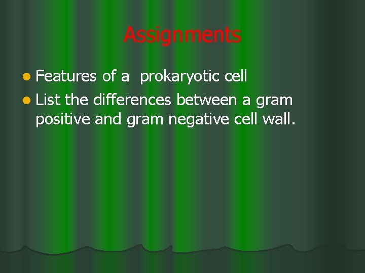 Assignments l Features of a prokaryotic cell l List the differences between a gram