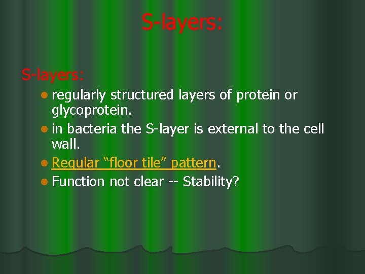 S-layers: l regularly structured layers of protein or glycoprotein. l in bacteria the S-layer