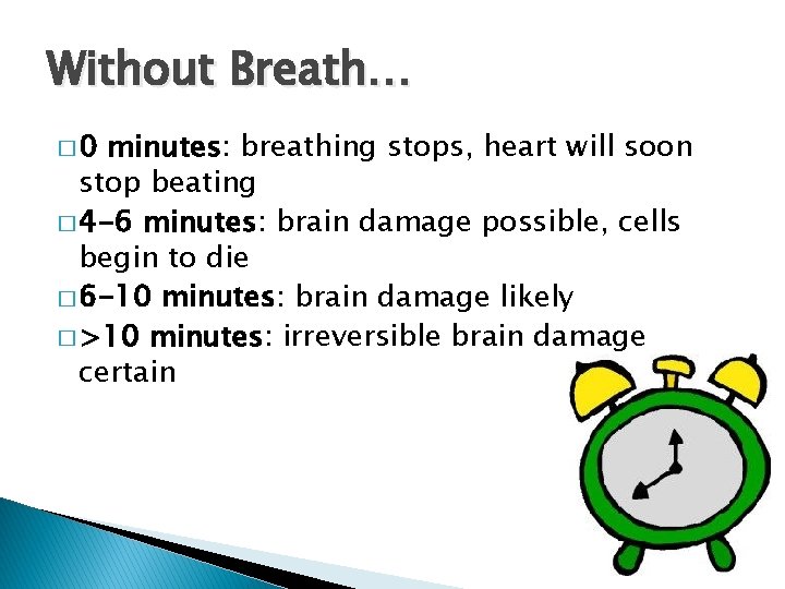 Without Breath… � 0 minutes: breathing stops, heart will soon stop beating � 4