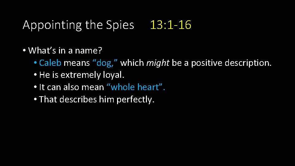 Appointing the Spies 13: 1 -16 • What’s in a name? • Caleb means