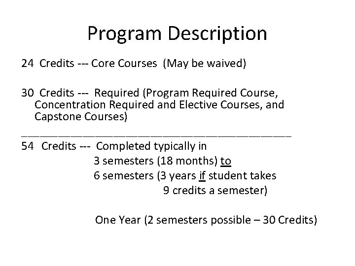 Program Description 24 Credits --- Core Courses (May be waived) 30 Credits --- Required