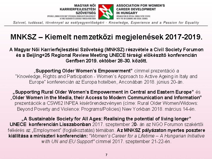 MNKSZ – Kiemelt nemzetközi megjelenések 2017 -2019. A Magyar Női Karrierfejlesztési Szövetség (MNKSZ) részvétele