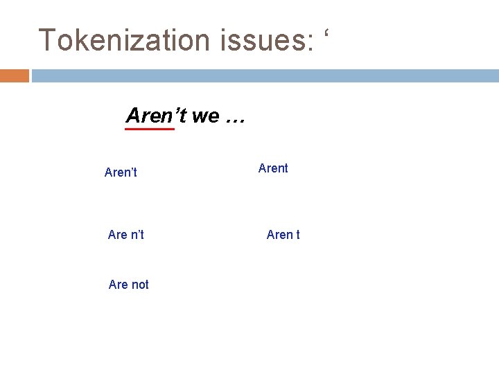 Tokenization issues: ‘ Aren’t we … Aren’t Are not Aren t 