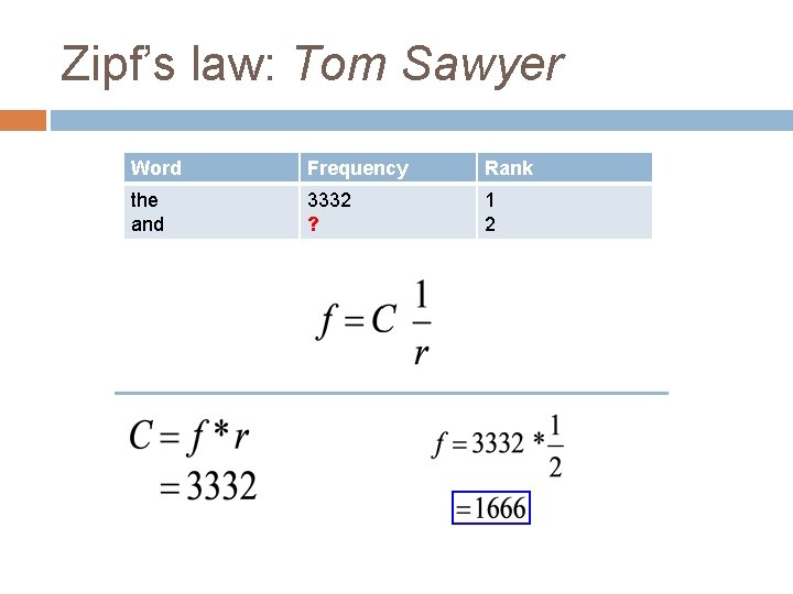 Zipf’s law: Tom Sawyer Word Frequency Rank the and 3332 ? 1 2 