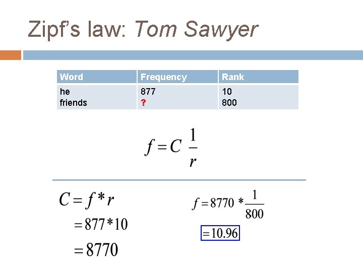 Zipf’s law: Tom Sawyer Word Frequency Rank he friends 877 ? 10 800 