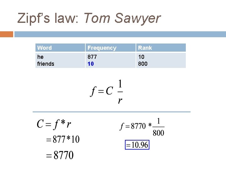 Zipf’s law: Tom Sawyer Word Frequency Rank he friends 877 10 10 800 