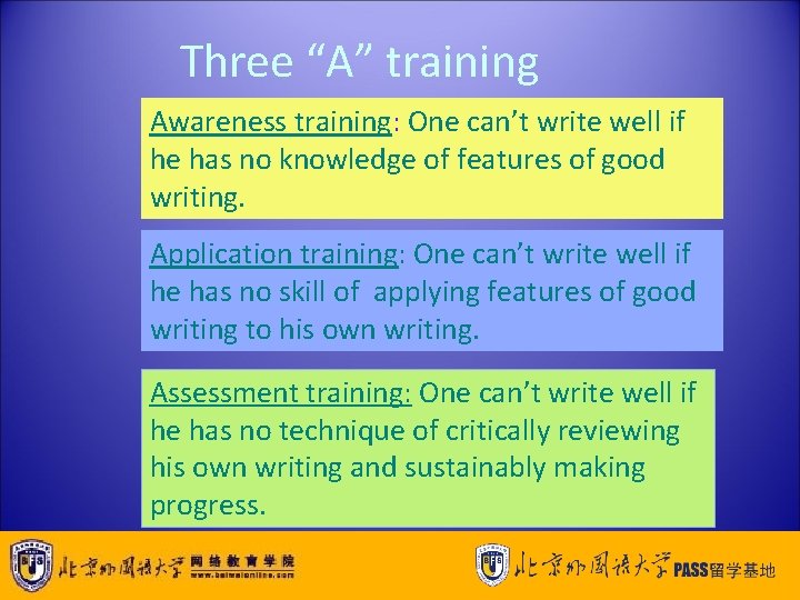 Three “A” training Awareness training: One can’t write well if he has no knowledge