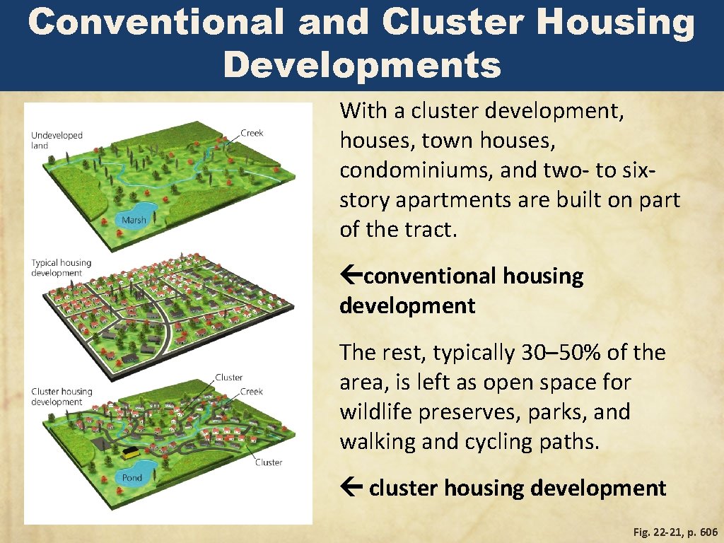 Conventional and Cluster Housing Developments With a cluster development, houses, town houses, condominiums, and