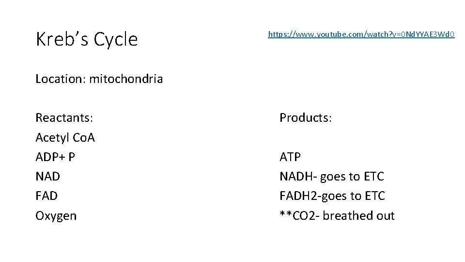 Kreb’s Cycle https: //www. youtube. com/watch? v=0 Nd. YYAE 3 Wd 0 Location: mitochondria