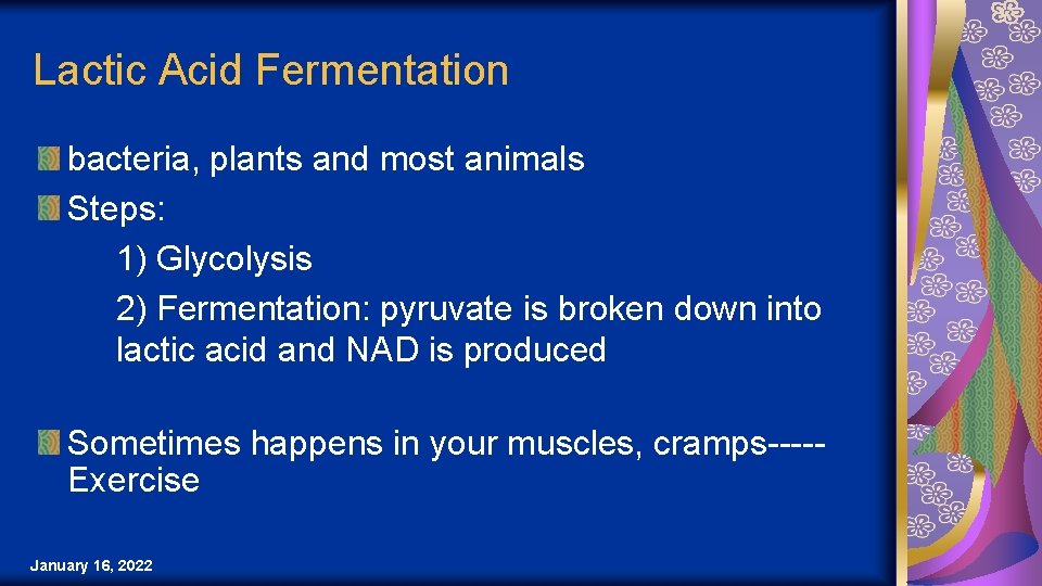 Lactic Acid Fermentation bacteria, plants and most animals Steps: 1) Glycolysis 2) Fermentation: pyruvate