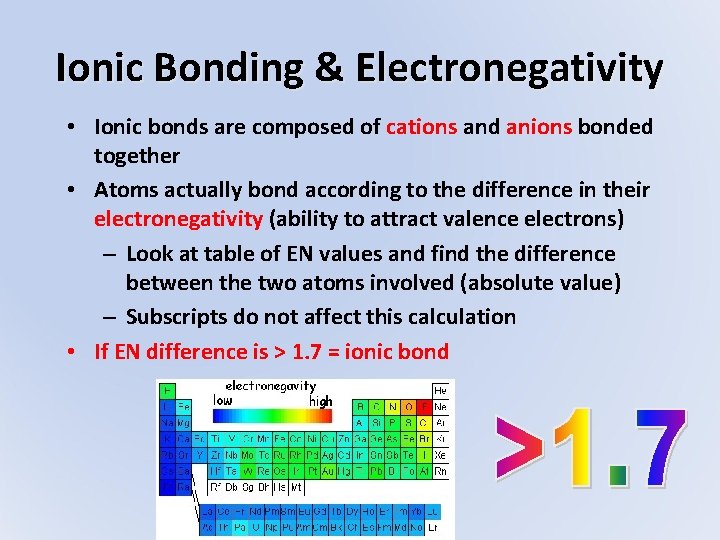 Ionic Bonding & Electronegativity • Ionic bonds are composed of cations and anions bonded