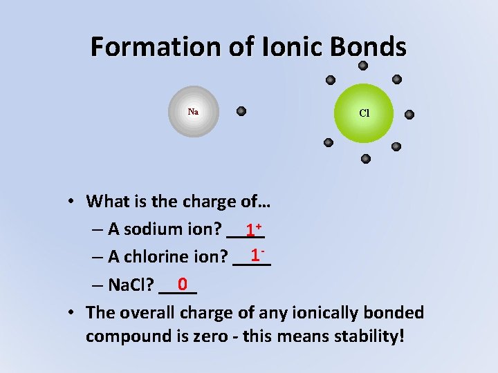Formation of Ionic Bonds • What is the charge of… – A sodium ion?