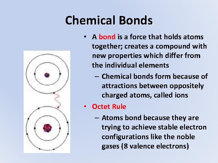 Chemical Bonds • A bond is a force that holds atoms together; creates a