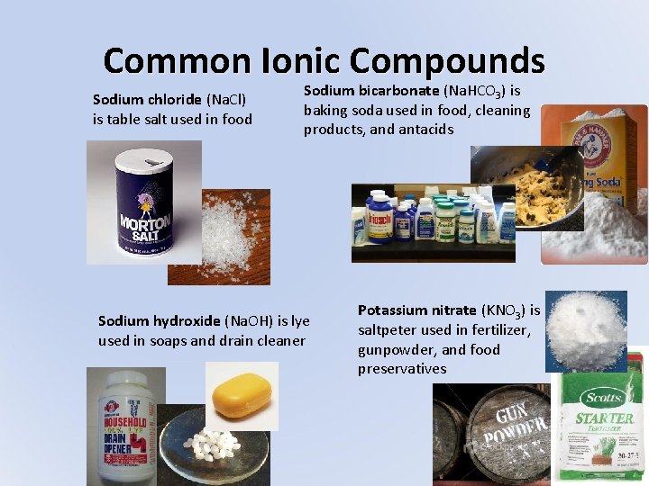 Common Ionic Compounds Sodium chloride (Na. Cl) is table salt used in food Sodium