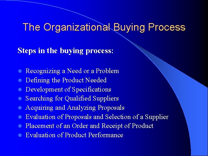 The Organizational Buying Process Steps in the buying process: l l l l Recognizing