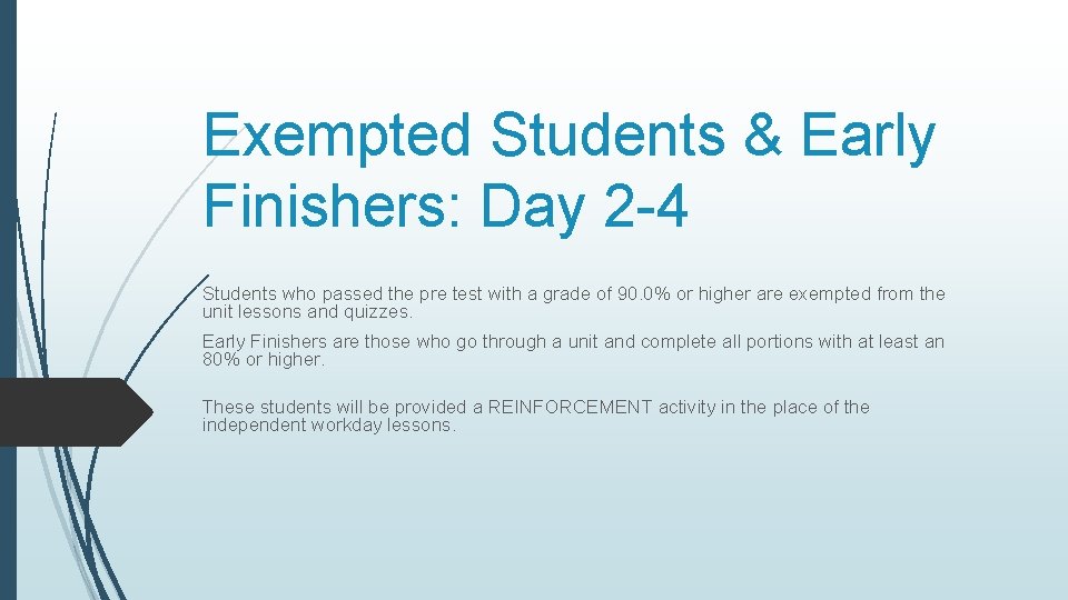 Exempted Students & Early Finishers: Day 2 -4 Students who passed the pre test