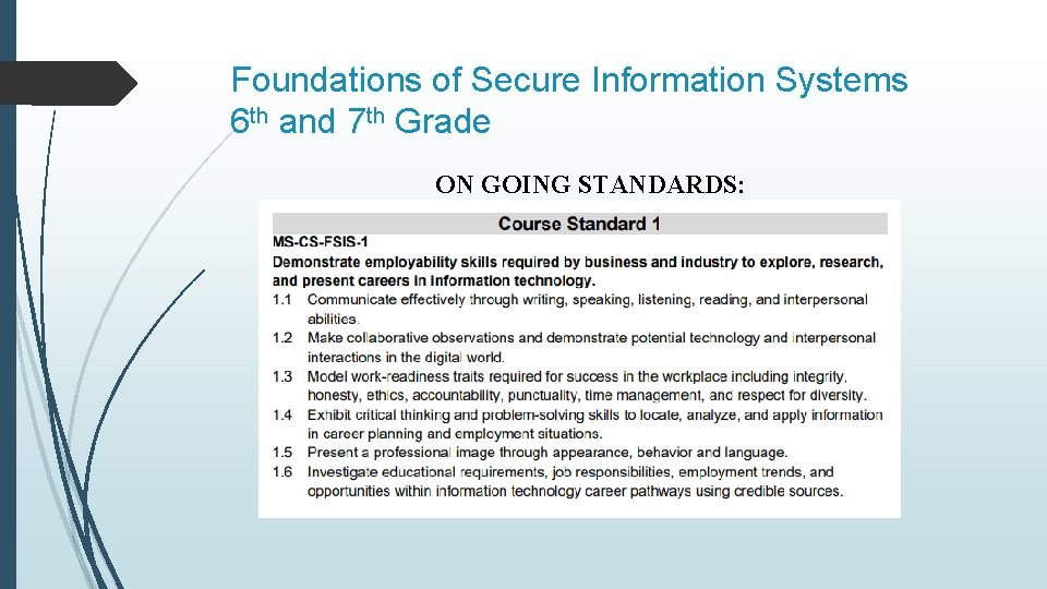 Foundations of Secure Information Systems 6 th and 7 th Grade ON GOING STANDARDS: