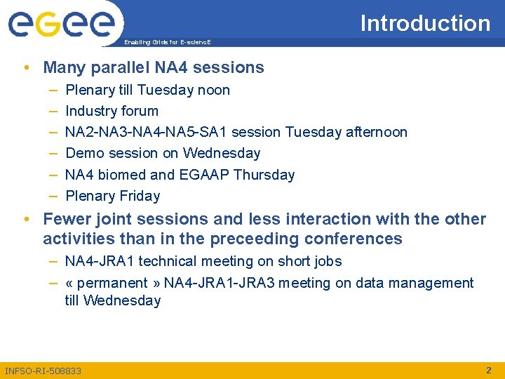 Introduction Enabling Grids for E-scienc. E • Many parallel NA 4 sessions – –