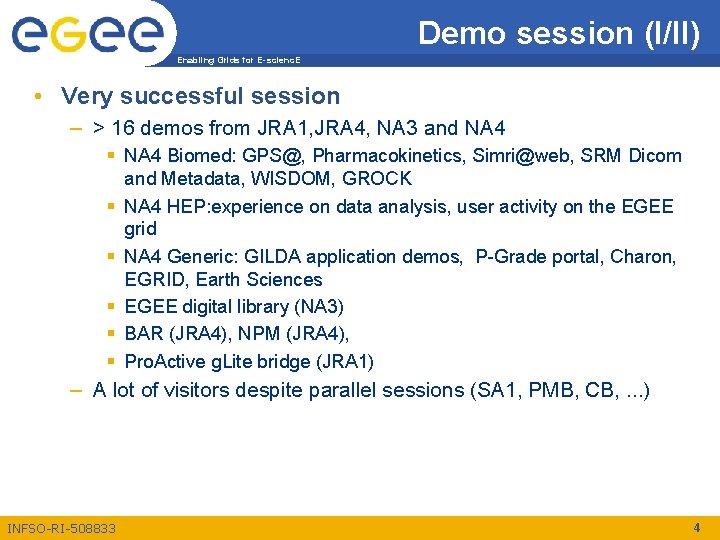 Demo session (I/II) Enabling Grids for E-scienc. E • Very successful session – >