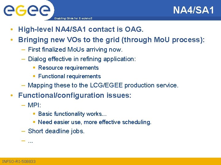 NA 4/SA 1 Enabling Grids for E-scienc. E • High-level NA 4/SA 1 contact