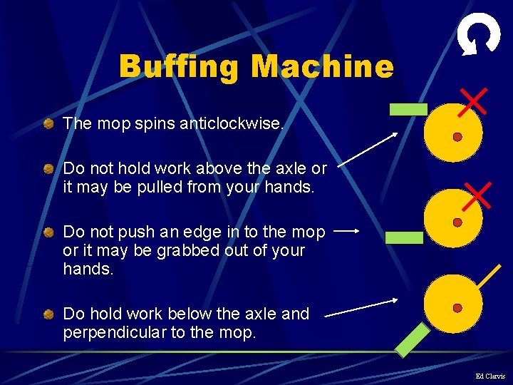 Buffing Machine The mop spins anticlockwise. Do not hold work above the axle or