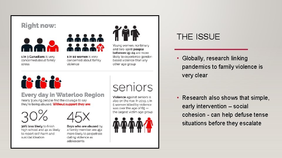 THE ISSUE • Globally, research linking pandemics to family violence is very clear •