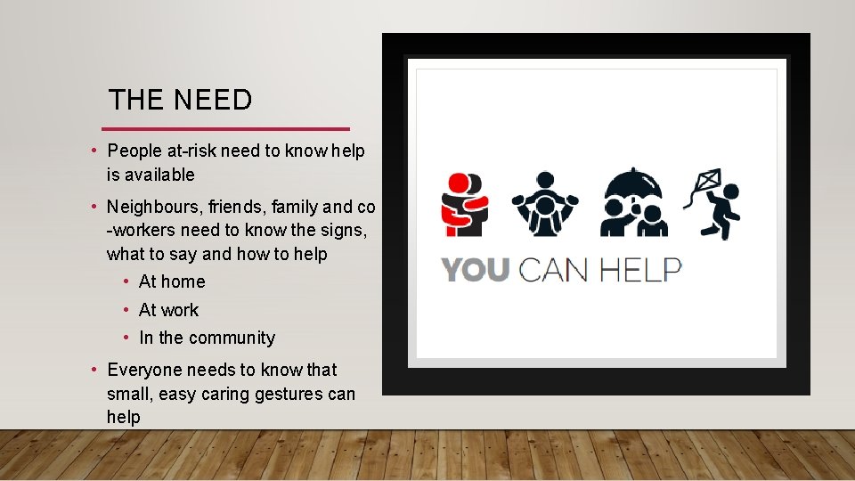 THE NEED • People at-risk need to know help is available • Neighbours, friends,